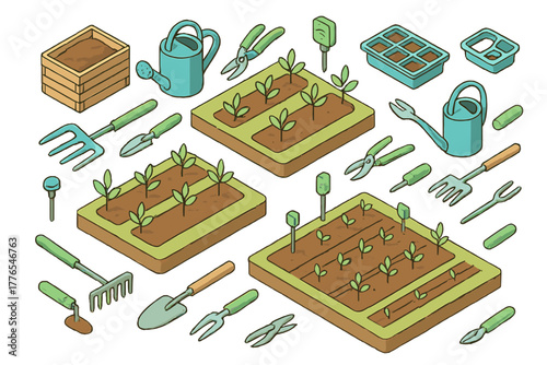Isometric set of gardening hand tools, watering cans, and planted seedlings