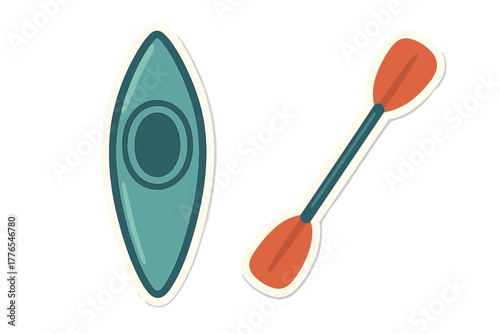 Teal kayak boat and orange paddle for summer water sports and outdoor recreation activities