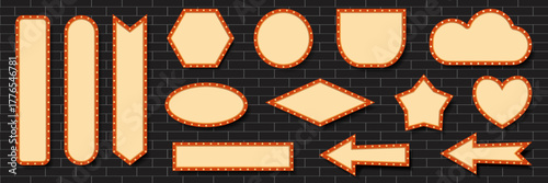 Vintage marquee sign collection with glowing bulbs and retro shapes on brick wall. Perfect for theater, show, and nightlife themes