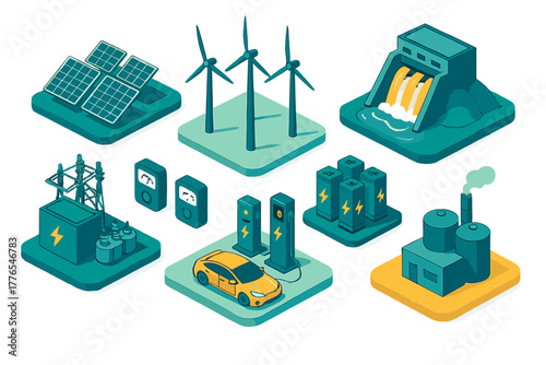 Sustainable energy infrastructure featuring solar, wind, hydro power, battery storage, and EV charging