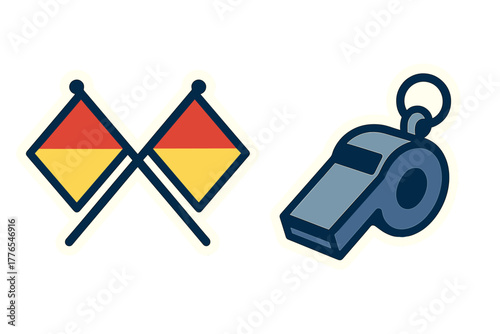 Sports referee equipment set with two crossed signal flags and a classic metal whistle