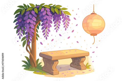 Stone bench under blooming purple wisteria tree with traditional hanging lantern in a garden
