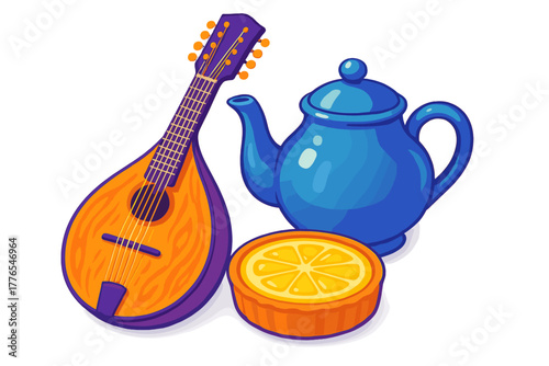 Colorful mandolin, bright blue teapot, and lemon dessert tart arranged in a still life composition