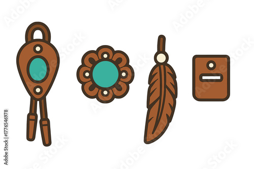 Stylized Western and Southwestern accessories set with bolo tie feather and turquoise jewelry