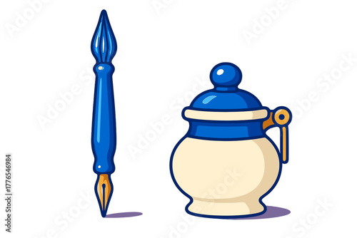 Stylized blue dip pen and traditional ink pot, vintage writing equipment