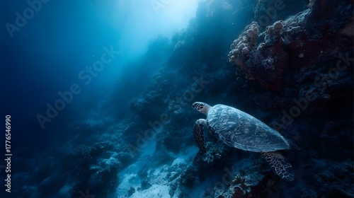 Fototapeta Naklejka Na Ścianę i Meble -  A sea turtle swims gracefully through a sunlit coral reef in the deep blue ocean