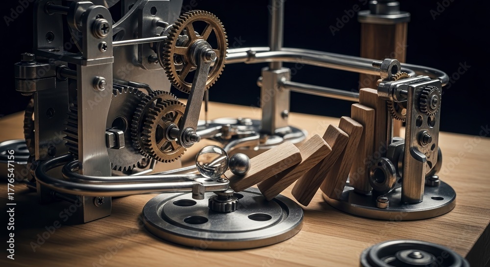 Naklejka premium Intricate Kinetic Machine A Conceptual Depiction of Cause and Effect Through Mechanical Elements