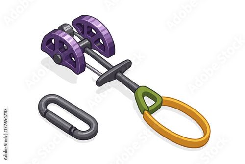 Colorful rock climbing protection gear featuring a purple camming device and a gray carabiner link