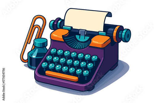 Stylized vintage typewriter in vibrant purple and orange colors with blank paper, ink bottle, and large clip