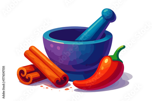 Vibrant mortar and pestle with aromatic cinnamon sticks and red chili pepper ingredients