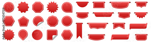Red label sticker and banner collection with various shapes and folds. Perfect for sale, promotion, and advertising layouts