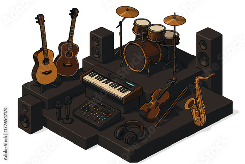Professional musical instruments and audio equipment set up on a dark stage for a concert