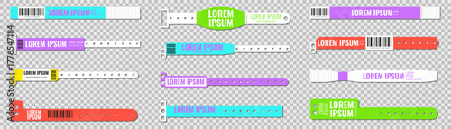 Wristband tag collection with barcode and text fields in multiple colors. Perfect for event access, medical, or identification use