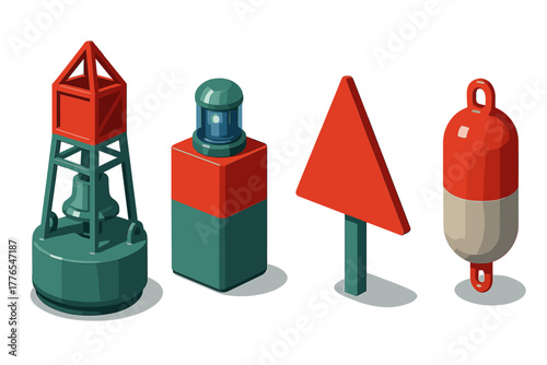 Marine navigational aids set including buoys, channel markers, and beacons