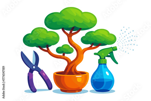 Potted bonsai tree with pruning shears and a spray bottle for gardening maintenance