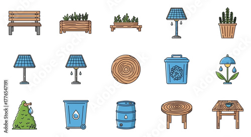 sustainable garden decor park bench flower box solar lamp icons promote eco-friendly living ideal for gardening blogs and green initiative campaigns