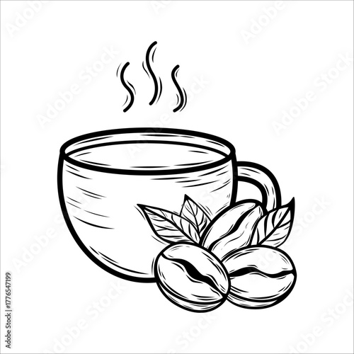 Minimalist line art vector of a steaming coffee cup with fresh beans.Hand-drawn black outline design,perfect for artisan cafe logos,Specialty Coffee branding,menu,and packaging.