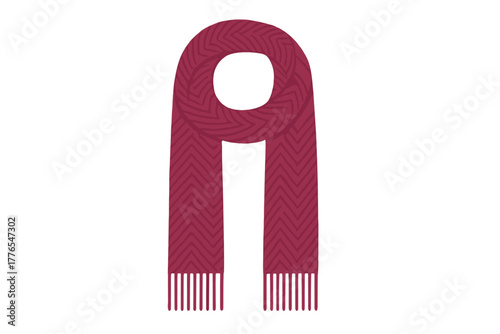 Deep red winter scarf with chevron pattern and fringe detail isolated on white background