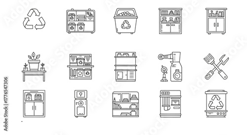 sustainable lifestyle line icons set showing eco-friendly practices for recycling and waste reduction promoting conscious consumption and environmental responsibility