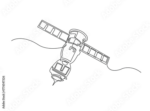 Outer Space Satellite outline draw illustration. Continuous line art drawing of Outer Space Satellite Communication. Editable stroke.