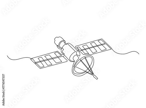 Outer Space Satellite outline draw illustration. Continuous line art drawing of Outer Space Satellite Communication. Editable stroke.