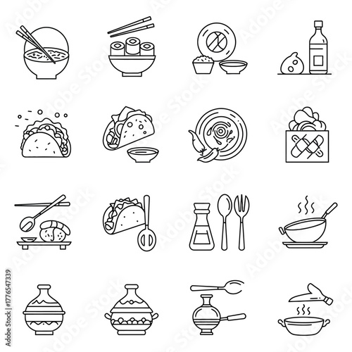 delicious ethnic food icons showcasing various cuisines featuring asian mexican and north african fare in a minimalist line art style