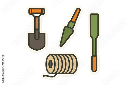 Essential gardening tools and supplies collection including shovel, trowel, and twine spool