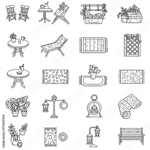outdoor furniture doodle set charming garden decor elements in hand-drawn style ideal for creating cozy backyard designs and illustrating outdoor living concepts