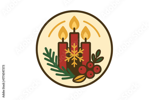 Festive holiday emblem with three burning red candles, fir branches, and winter berries