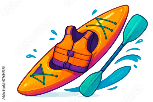Bright orange kayak, purple life vest, and blue paddle ready for summer water adventure