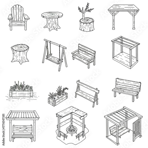 Outdoor furniture illustrations a serene scene of wooden benches swings tables and planters for cozy backyard landscaping and patio design concepts.