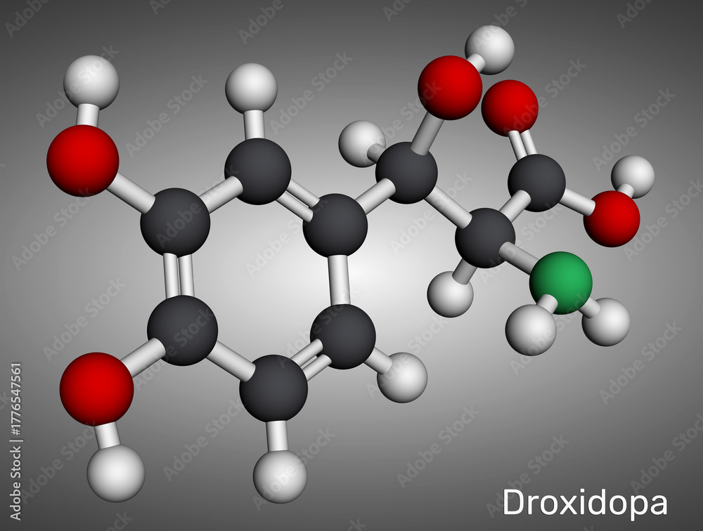 Obraz premium Droxidopa, L-DOPS molecule. For treating neurogenic orthostatic hypotension, Parkinson’s disease. Molecular model. 3D rendering. Illustration