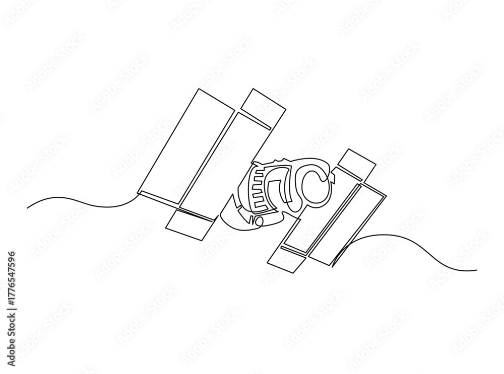 Obraz premium Outer Space Satellite outline draw illustration. Continuous line art drawing of Outer Space Satellite Communication. Editable stroke.