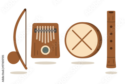 Diverse collection of traditional musical instruments including percussion and woodwind