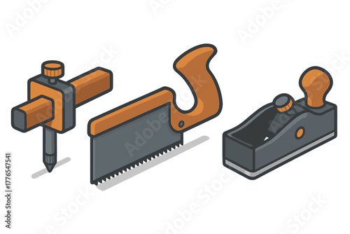 Traditional woodworking tools collection in isometric view for construction and repair