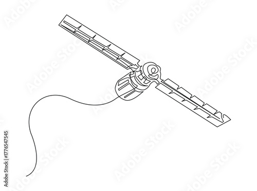 Outer Space Satellite outline draw illustration. Continuous line art drawing of Outer Space Satellite Communication. Editable stroke.