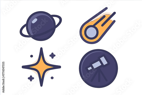 Ringed planet, shooting comet, bright star, and telescope symbols for space exploration