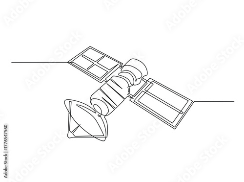 Outer Space Satellite outline draw illustration. Continuous line art drawing of Outer Space Satellite Communication. Editable stroke.