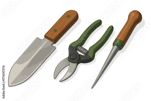 Essential gardening tools including a hand trowel, pruning shears, and a wooden dibber