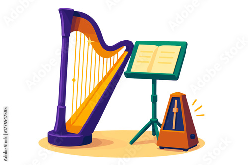Classic musical setup featuring a purple and orange harp, green music stand, and a traditional metronome