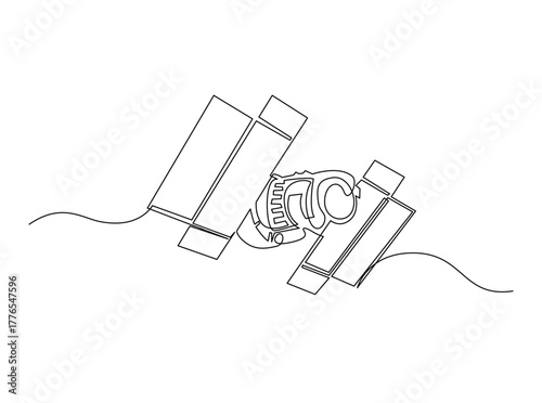 Outer Space Satellite outline draw illustration. Continuous line art drawing of Outer Space Satellite Communication. Editable stroke.