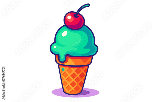 Mint green ice cream scoop melting in a crispy waffle cone topped with a red cherry