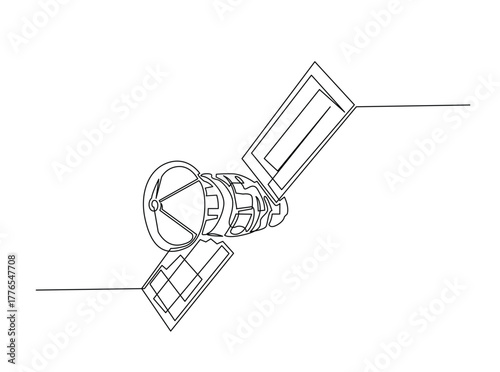 Outer Space Satellite outline draw illustration. Continuous line art drawing of Outer Space Satellite Communication. Editable stroke.