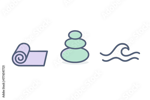 Rolled yoga mat stacked spa stones and stylized ocean wave symbols representing relaxation and balance