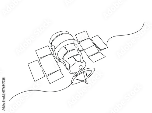 Outer Space Satellite outline draw illustration. Continuous line art drawing of Outer Space Satellite Communication. Editable stroke.