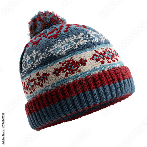 Warm Knitted Winter Hat With Colorful Patterns and Pom-Pom for Chilly Outdoor...