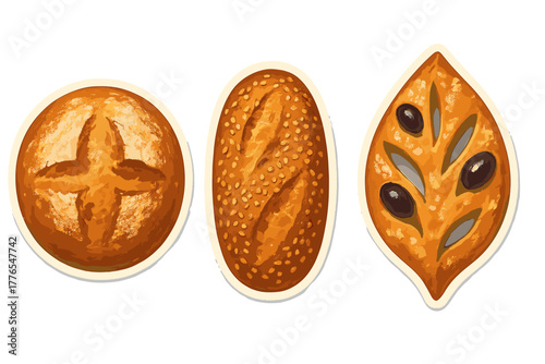 Set of three artisan bread loaves: round sourdough, sesame baguette, and olive focaccia