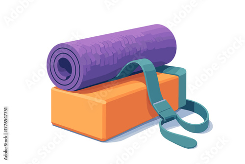 Rolled purple fitness mat resting on an orange yoga block secured by a teal carrying strap