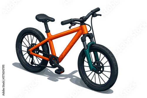 Stylized orange mountain bike with black tires and teal suspension isolated on a white background