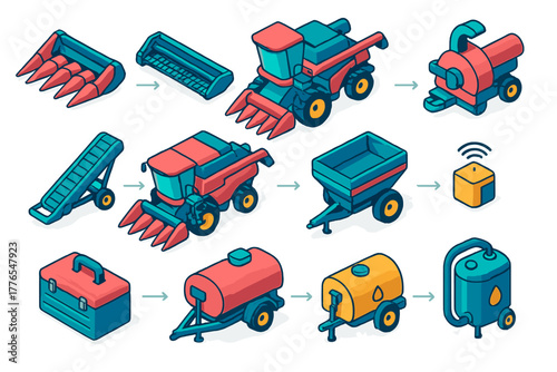 Modern agricultural machinery and smart farming equipment set in isometric view